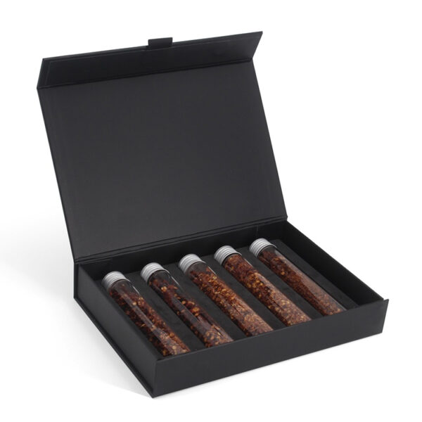 Black Hinged-Lid Spice Tube Gift Box with Custom Insert Black Hinged-Lid Spice Tube Gift Box with Custom Insert