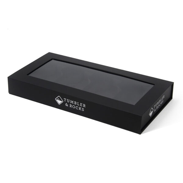 Black Hinged Perfume Box with Window and Four-Bottle Insert Black Hinged Perfume Box with Window and Four-Bottle Insert