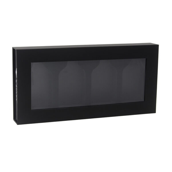 Black Hinged Perfume Box with Window and Four-Bottle Insert Black Hinged Perfume Box with Window and Four-Bottle Insert