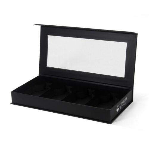 Black Hinged Perfume Box with Window and Four-Bottle Insert