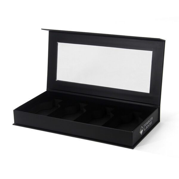 Black Hinged Perfume Box with Window and Four-Bottle Insert Black Hinged Perfume Box with Window and Four-Bottle Insert