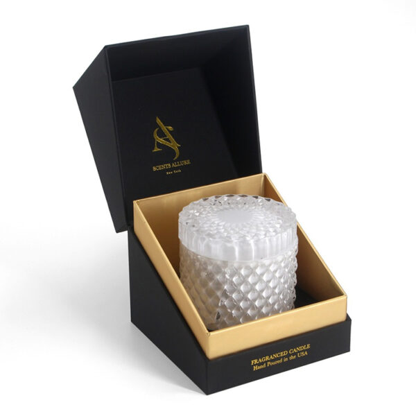 Foil Stamped Rigid Hinged-Lid Candle Box with Gold Insert Foil Stamped Rigid Hinged-Lid Candle Box with Gold Insert