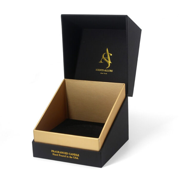 Foil Stamped Rigid Hinged-Lid Candle Box with Gold Insert Foil Stamped Rigid Hinged-Lid Candle Box with Gold Insert