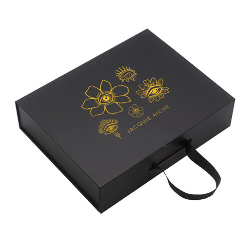 Collapsible Jewelry Gift Box with Gold Foil & Ribbon Handle Collapsible Jewelry Gift Box with Gold Foil & Ribbon Handle
