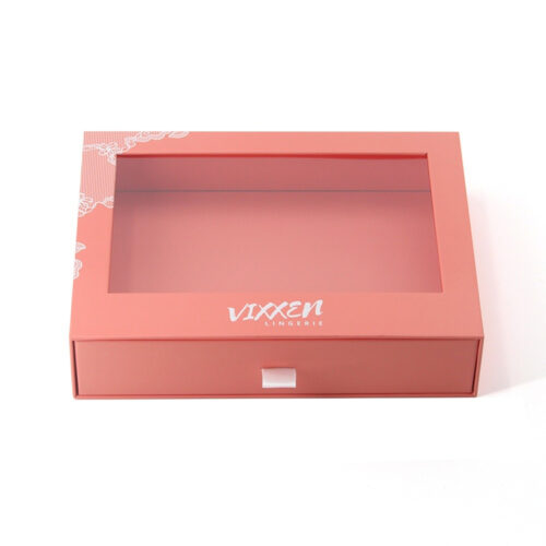 Coral Rigid Window Drawer Lingerie Box with Ribbon Pull Coral Rigid Window Drawer Lingerie Box with Ribbon Pull