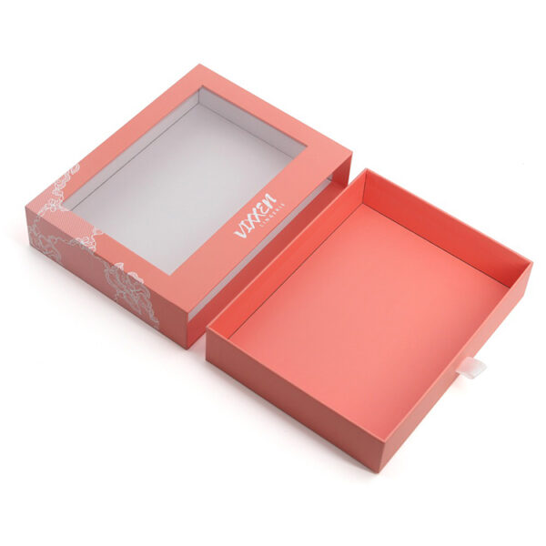 Coral Rigid Window Drawer Lingerie Box with Ribbon Pull