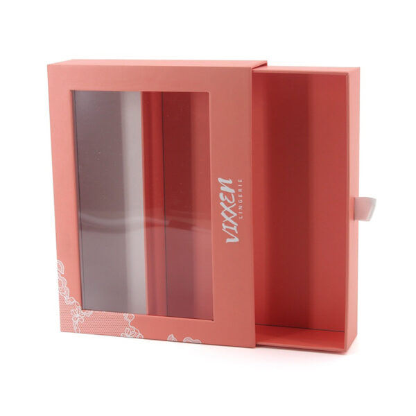 Coral Rigid Window Drawer Lingerie Box with Ribbon Pull