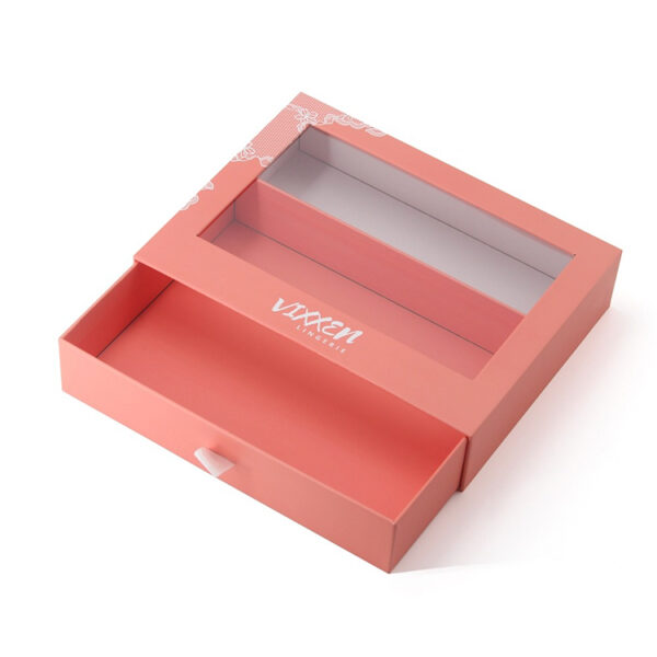 Coral Rigid Window Drawer Lingerie Box with Ribbon Pull