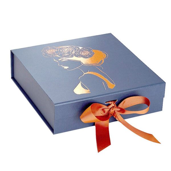 Foil Stamped Hinged-Lid Gift Box with Ribbon Bow Closure Foil Stamped Hinged-Lid Gift Box with Ribbon Bow Closure