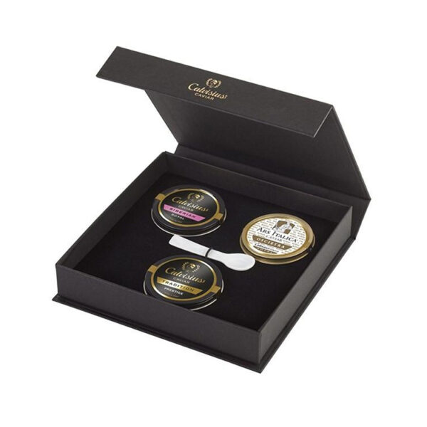 Hinged-Lid Caviar Gift Box with Foam Insert and Foil Logo