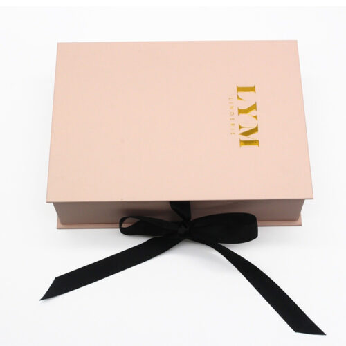 Hinged Rigid Lingerie Gift Box with Black Ribbon Closure Hinged Rigid Lingerie Gift Box with Black Ribbon Closure