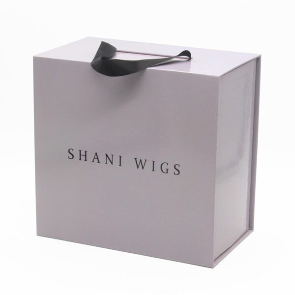 Logo Printed Rigid Wig Gift Box with Ribbon Carry Handle