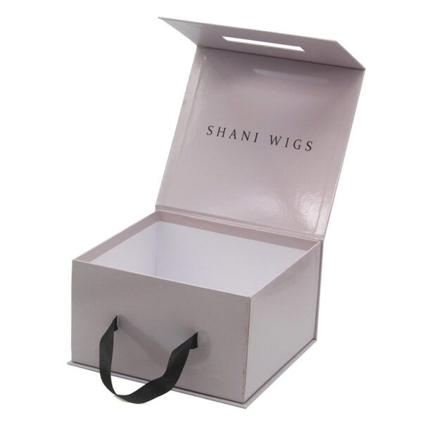Logo Printed Rigid Wig Gift Box with Ribbon Carry Handle