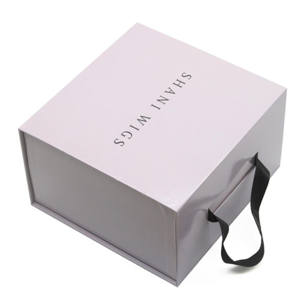 Logo Printed Rigid Wig Gift Box with Ribbon Carry Handle