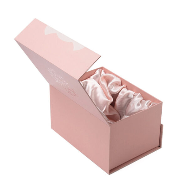 Pink Hinged-Lid Rigid Gift Box with Satin Lining & Foil Logo Pink Hinged-Lid Rigid Gift Box with Satin Lining & Foil Logo