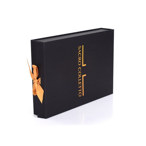 Rigid Clerical Apparel Box with Gold Foil Ribbon Closure Rigid Clerical Apparel Box with Gold Foil Ribbon Closure