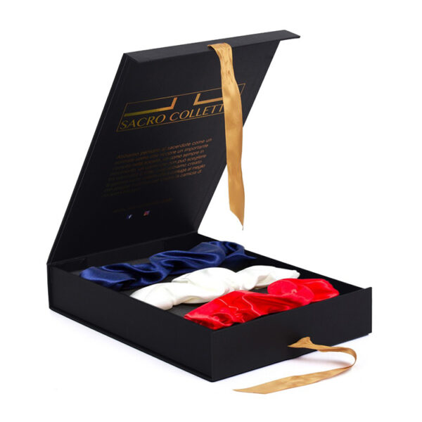 Rigid Clerical Apparel Box with Gold Foil Ribbon Closure Rigid Clerical Apparel Box with Gold Foil Ribbon Closure