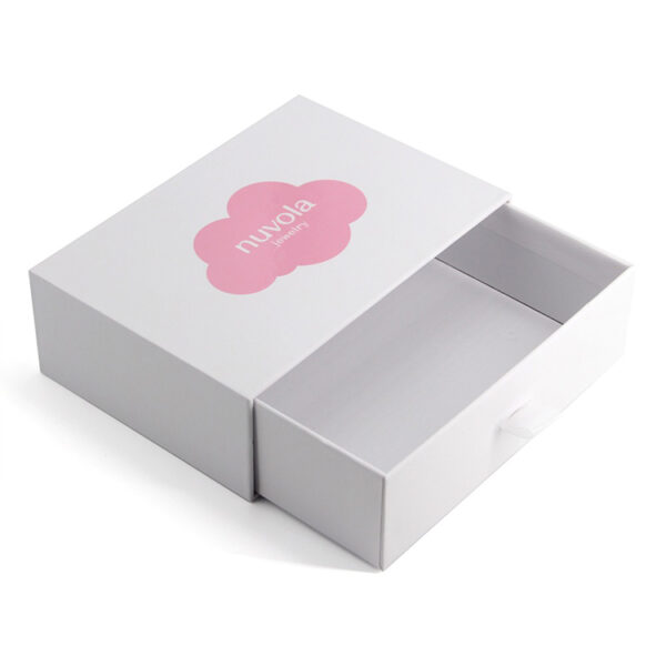 White Foil Stamped Rigid Drawer Jewelry Box with Ribbon Pull